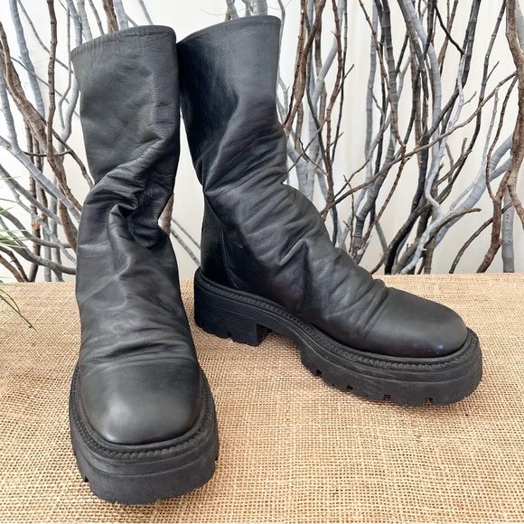 Free People Emma Ruche Black Leather Combat Boots Size 10 - Picture 5 of 14